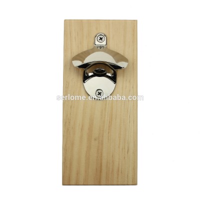 Cool Wood Color Printed Custom Logo Pine Wood Strong Magnetic High Polished Zinc Alloy Wall Mount Bottle Opener With Cap Catcher