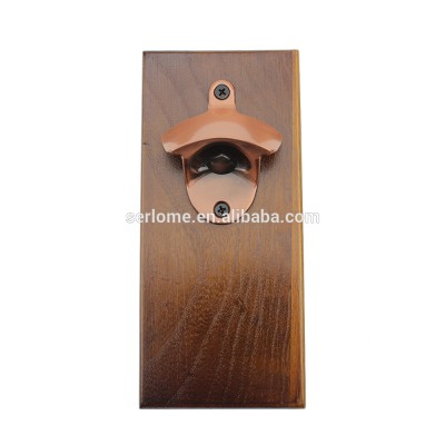 Sycamore Wood Brown Color Custom Made Fridge Magnet Zinc Alloy Antique Copper Wall Mount Bottle Opener Magnetic Wood Cap Catcher